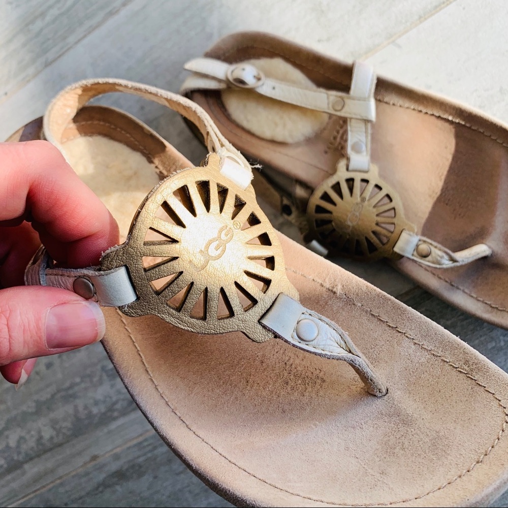 UGG Halendi Sheepskin Heel Puff Genuine Leather Flats Open Toe Sandals Shoes - Picture 6 of 16